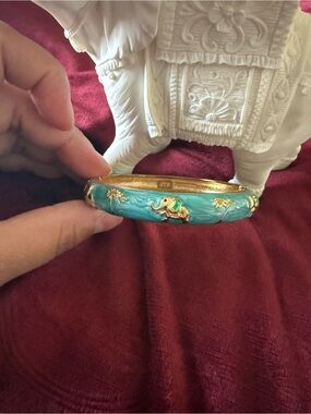 JTF gold tone teal turquoise enmel elephant palm tree hinged bangle bracelet